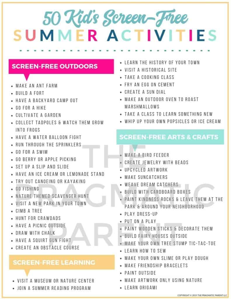 50 Screen-Free Activities to keep kids occupied this Summer. Never hear, "I'm Bored" again with this fun and practical list of 50 Kid's Summer Activities.