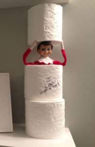 elf on the shelf hiding in the bathroom